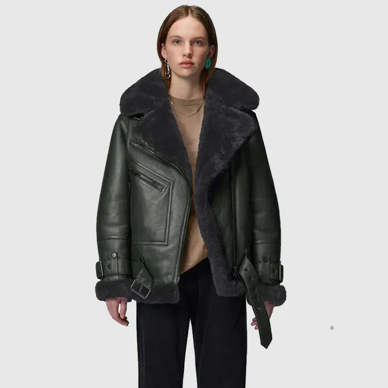 Women Best Style Green RAF Aviator Styled Lambskin Black Shearling Leather Jacket