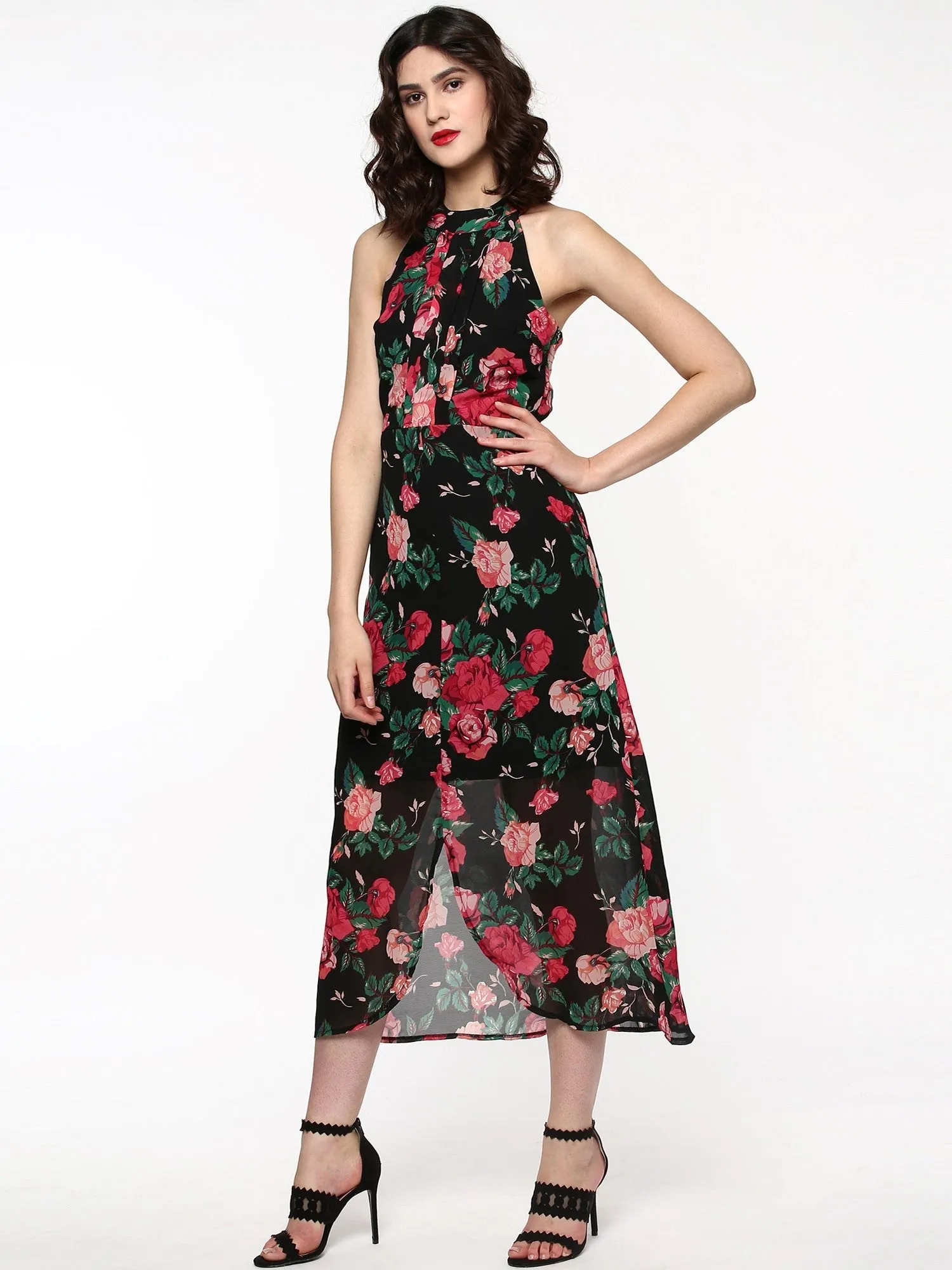 Women Black Floral Halter Maxi Dress