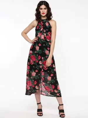 Women Black Floral Halter Maxi Dress