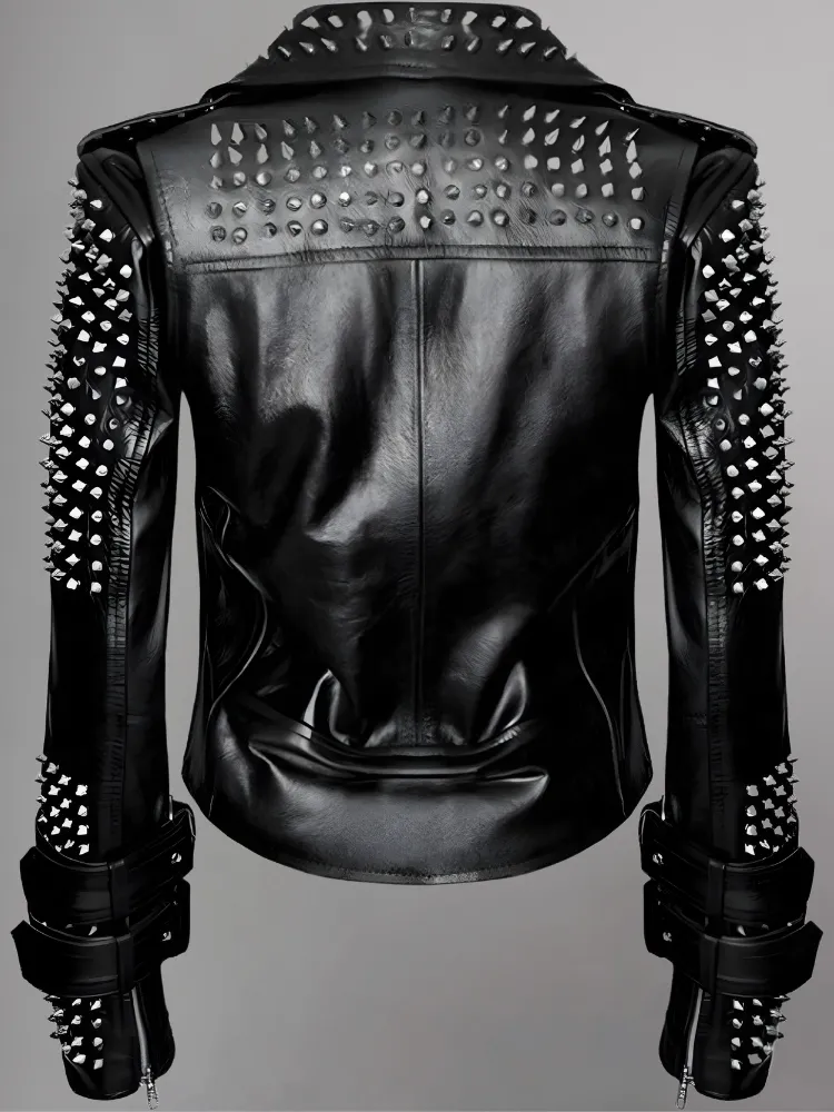 Women Black Punk Silver Spiked Studded Leather Biker Jacket