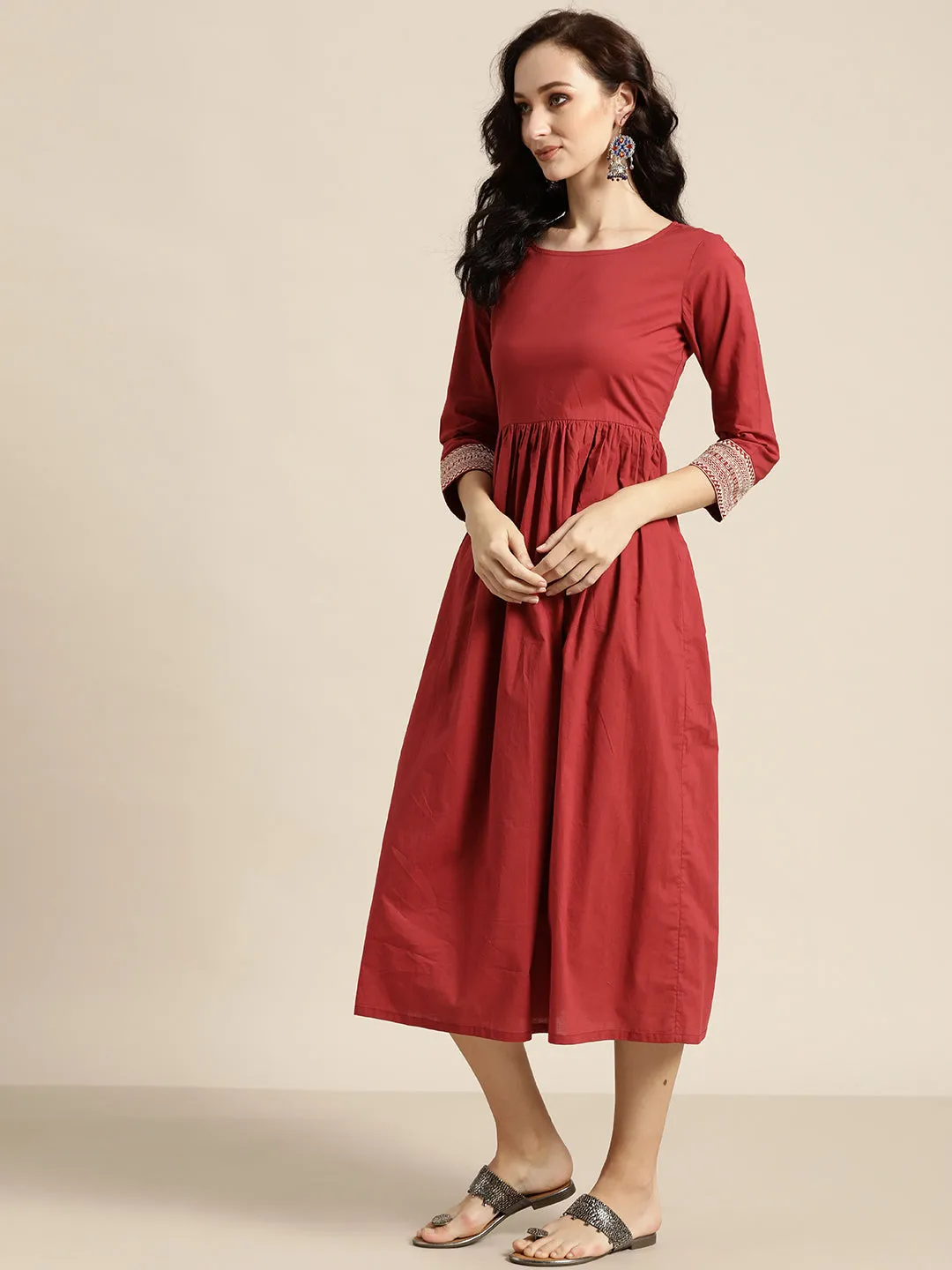 Women Maroon Cuff Embroidered Gathered Dress