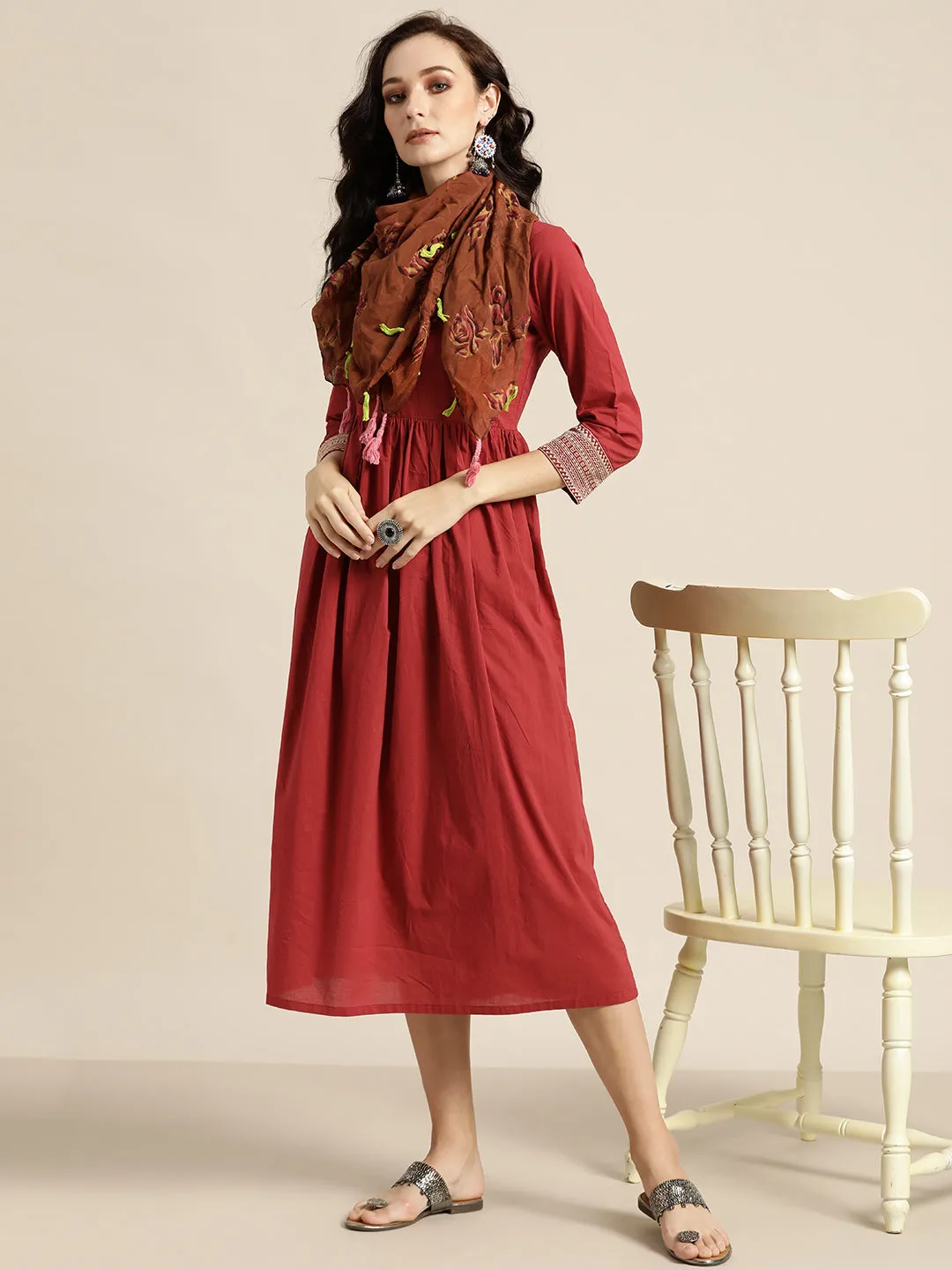 Women Maroon Cuff Embroidered Gathered Dress