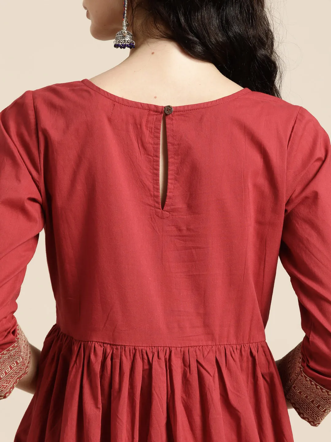 Women Maroon Cuff Embroidered Gathered Dress