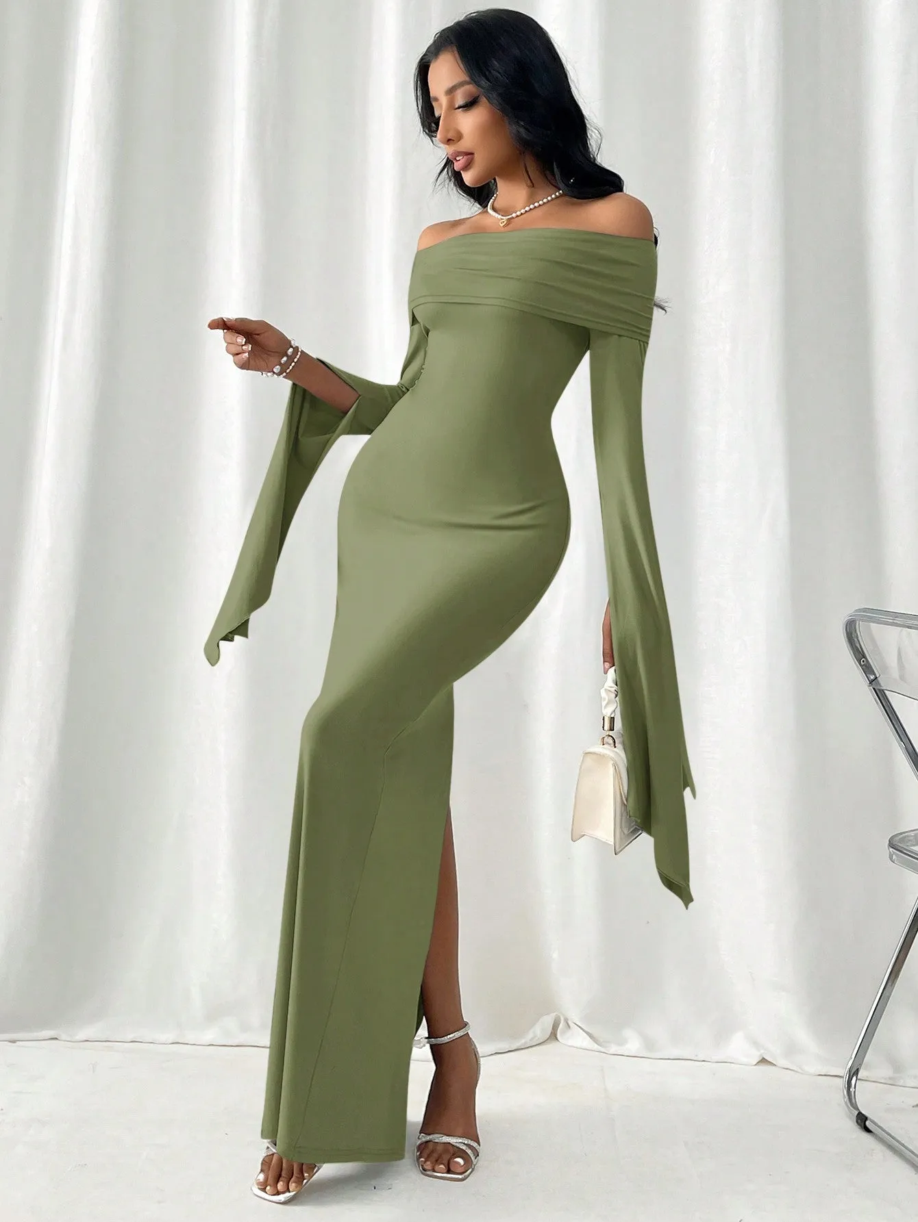 Women Off-Shoulder Bodycon Dress With Collar, Long