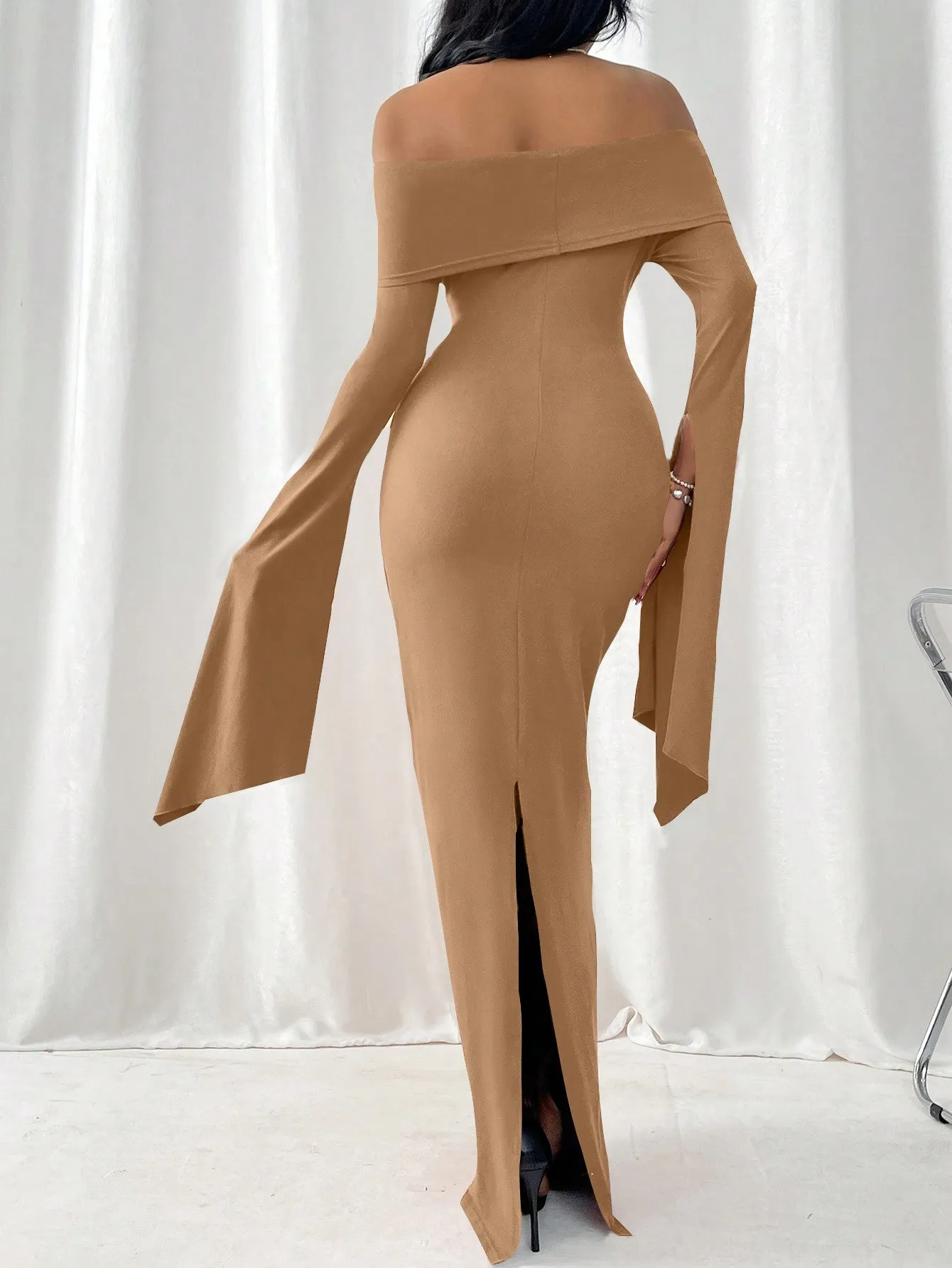 Women Off-Shoulder Bodycon Dress With Collar, Long