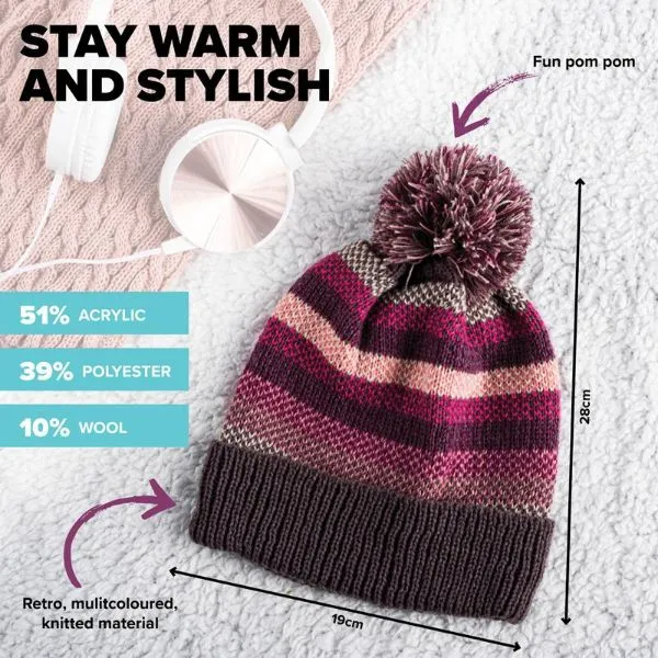 Women Premium Beanie Soft Pom Pom Retro Stripe