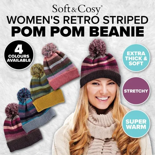 Women Premium Beanie Soft Pom Pom Retro Stripe