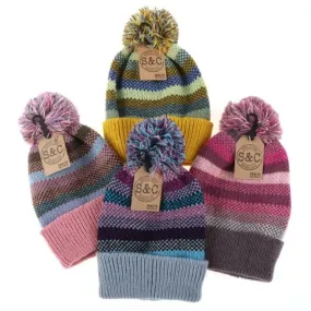 Women Premium Beanie Soft Pom Pom Retro Stripe