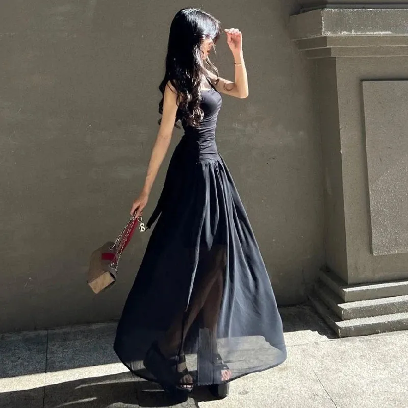 Women Summer Party Long Dress Sexy Ruched Bodycon Black Maxi Dresses