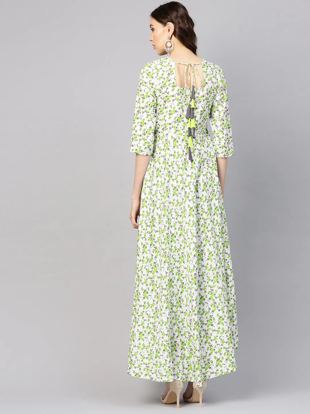 Women White & Green Floral Print Maxi Dress