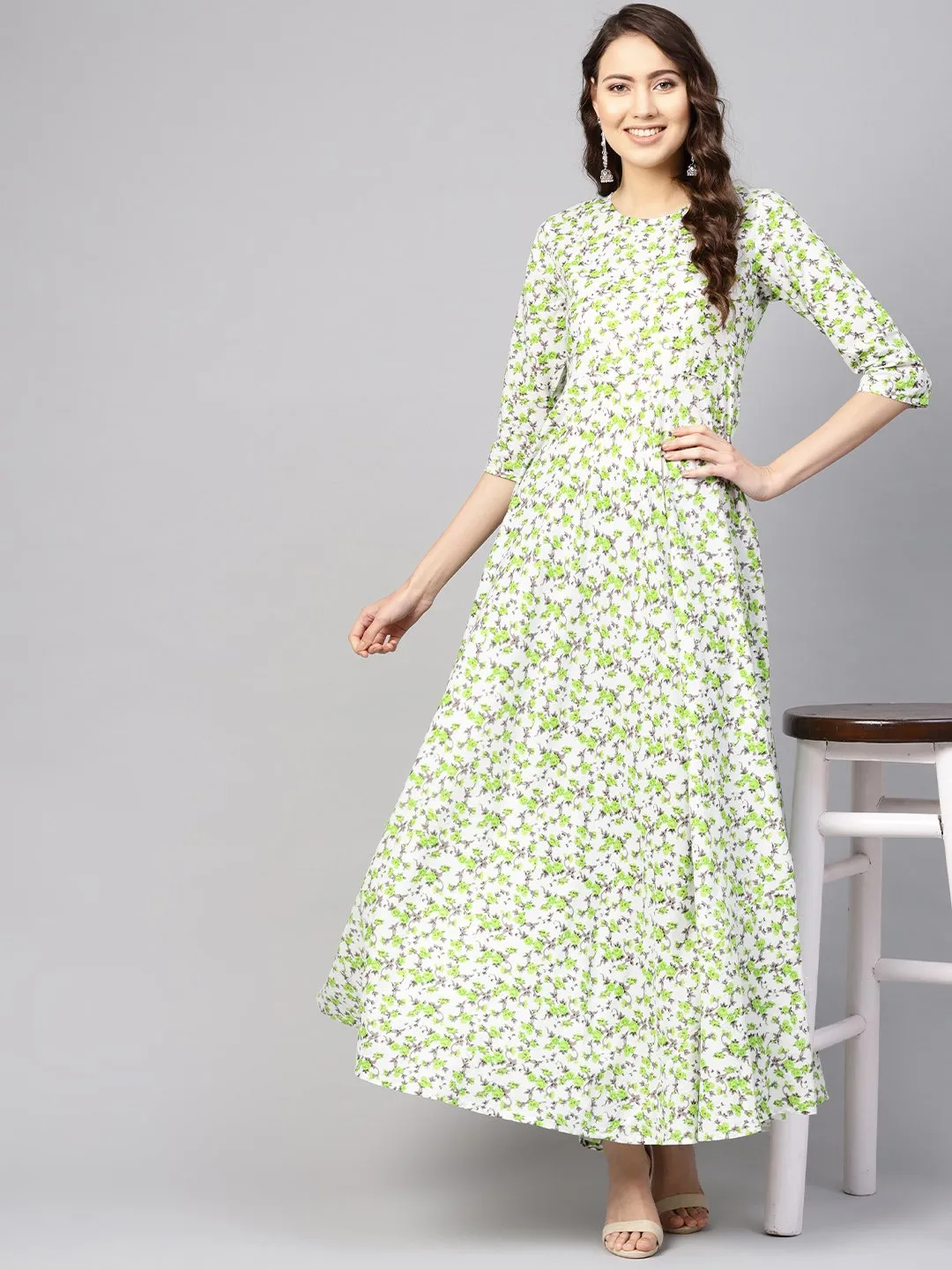 Women White & Green Floral Print Maxi Dress