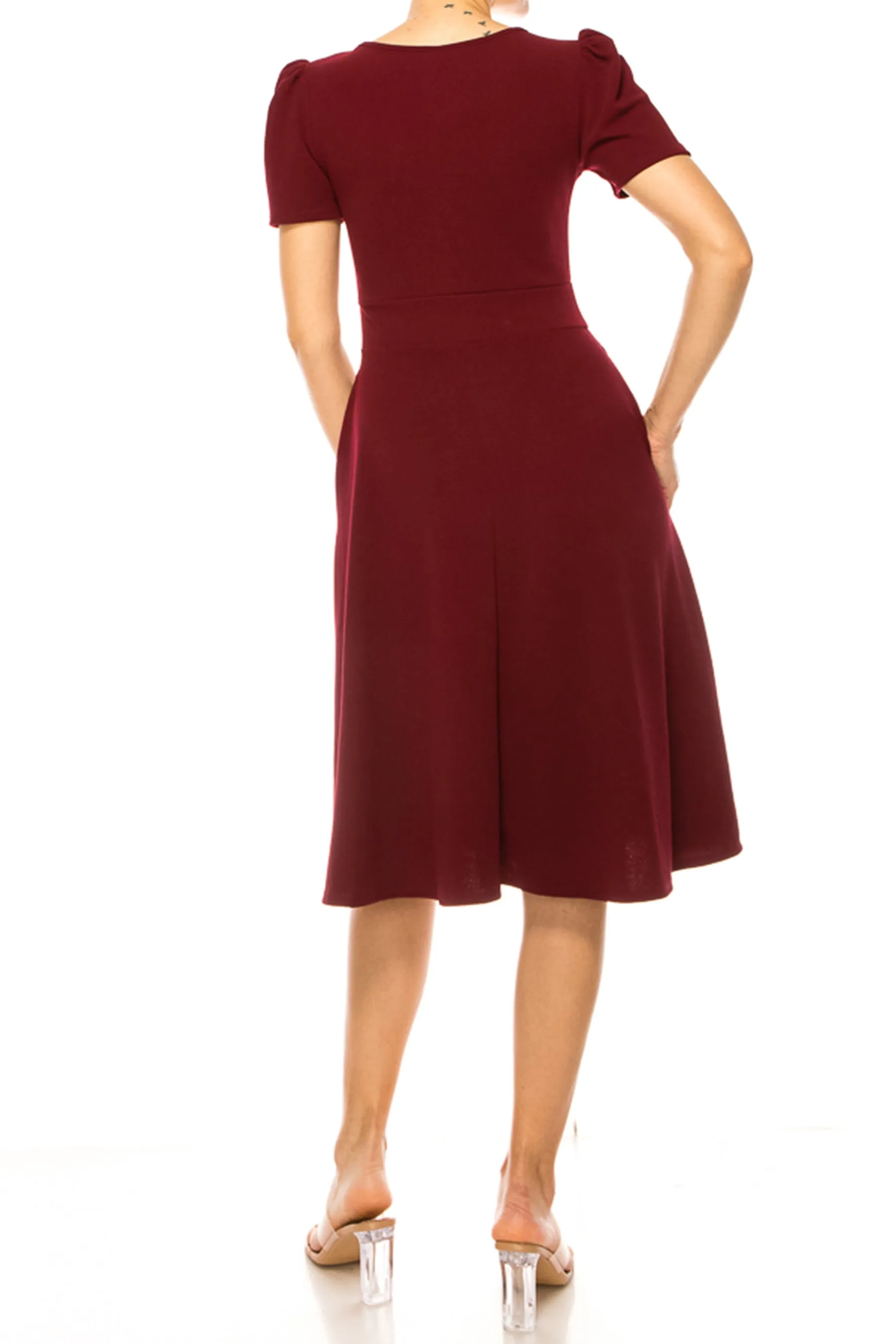 Women's  A-Line Dress Puff Sleeves and Keyhole Front Casual Chic with Side Pock