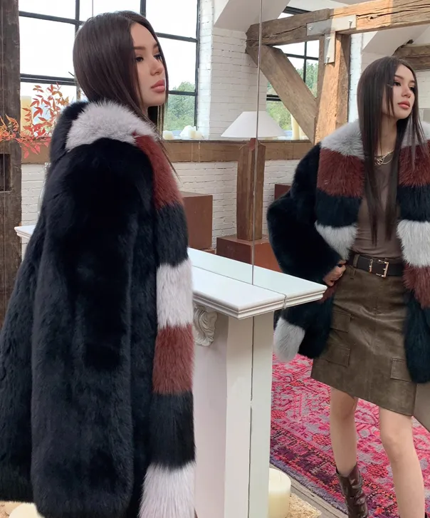 Women's Autumn Stripes Fox Fur Coat