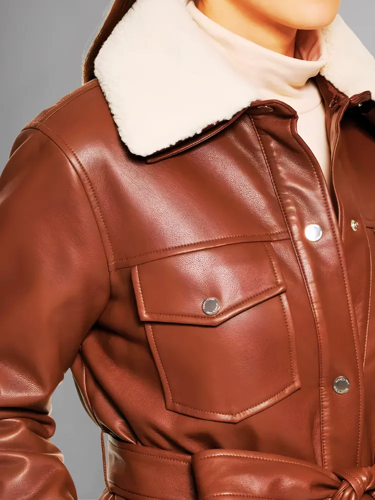 Womens Brown Shearling Collar Leather Jacket