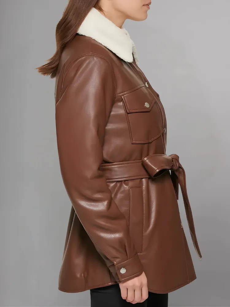 Womens Brown Shearling Collar Leather Jacket