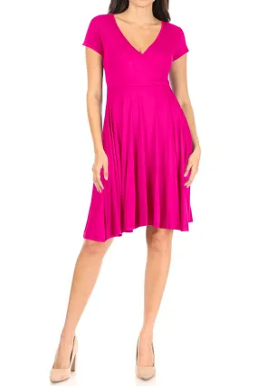 Women's Casual Stretch Flared Swing V-Neck Short Sleeve Midi Dress