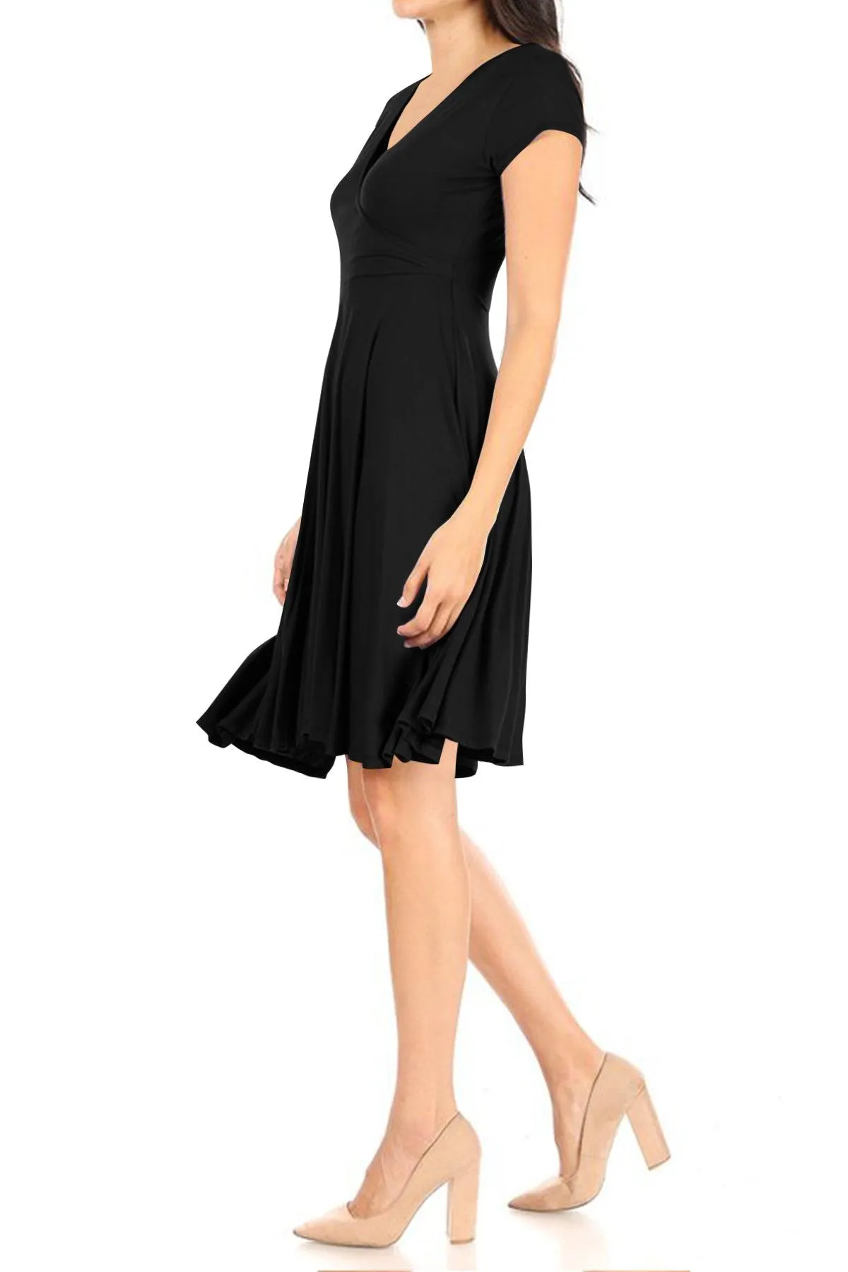 Women's Casual Stretch Flared Swing V-Neck Short Sleeve Midi Dress