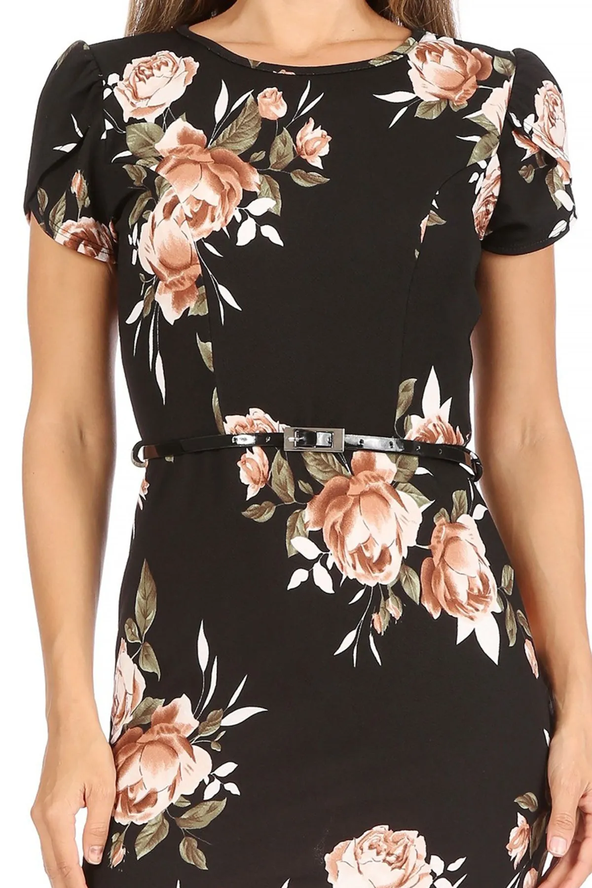 Women's Floral Puff Sleeves Midi Dress with Belt