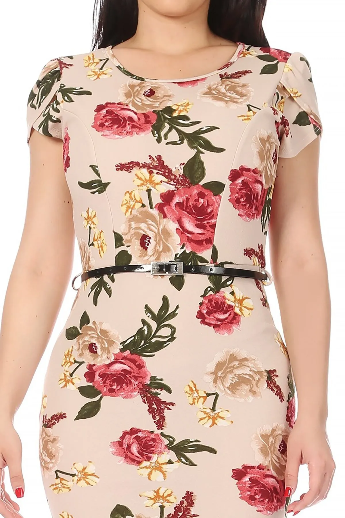 Women's Floral Puff Sleeves Midi Dress with Belt