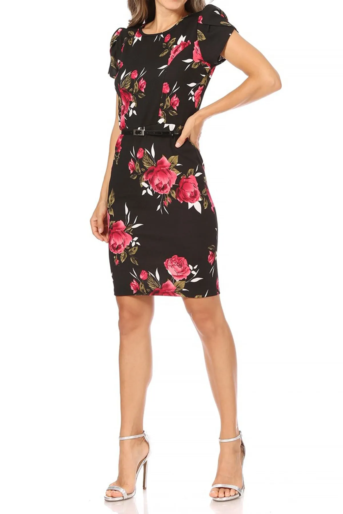 Women's Floral Puff Sleeves Midi Dress with Belt