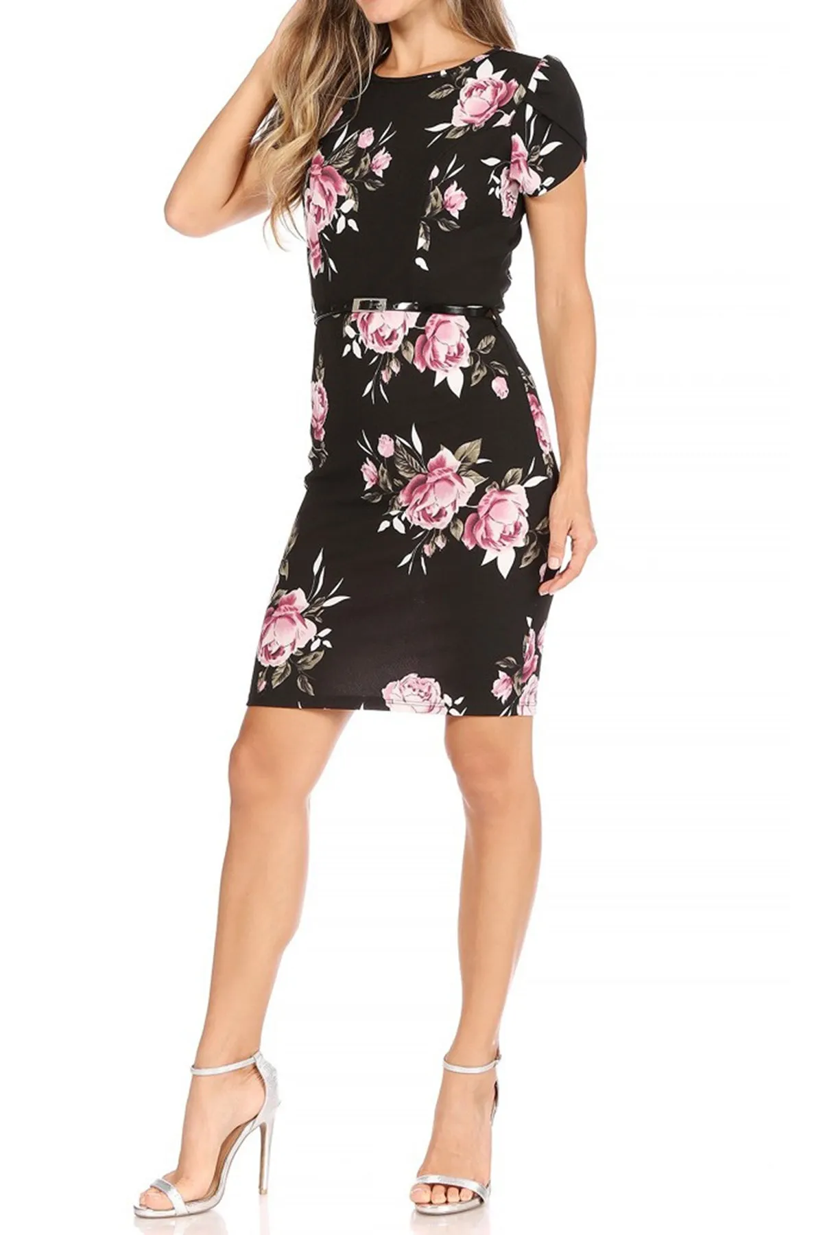 Women's Floral Puff Sleeves Midi Dress with Belt