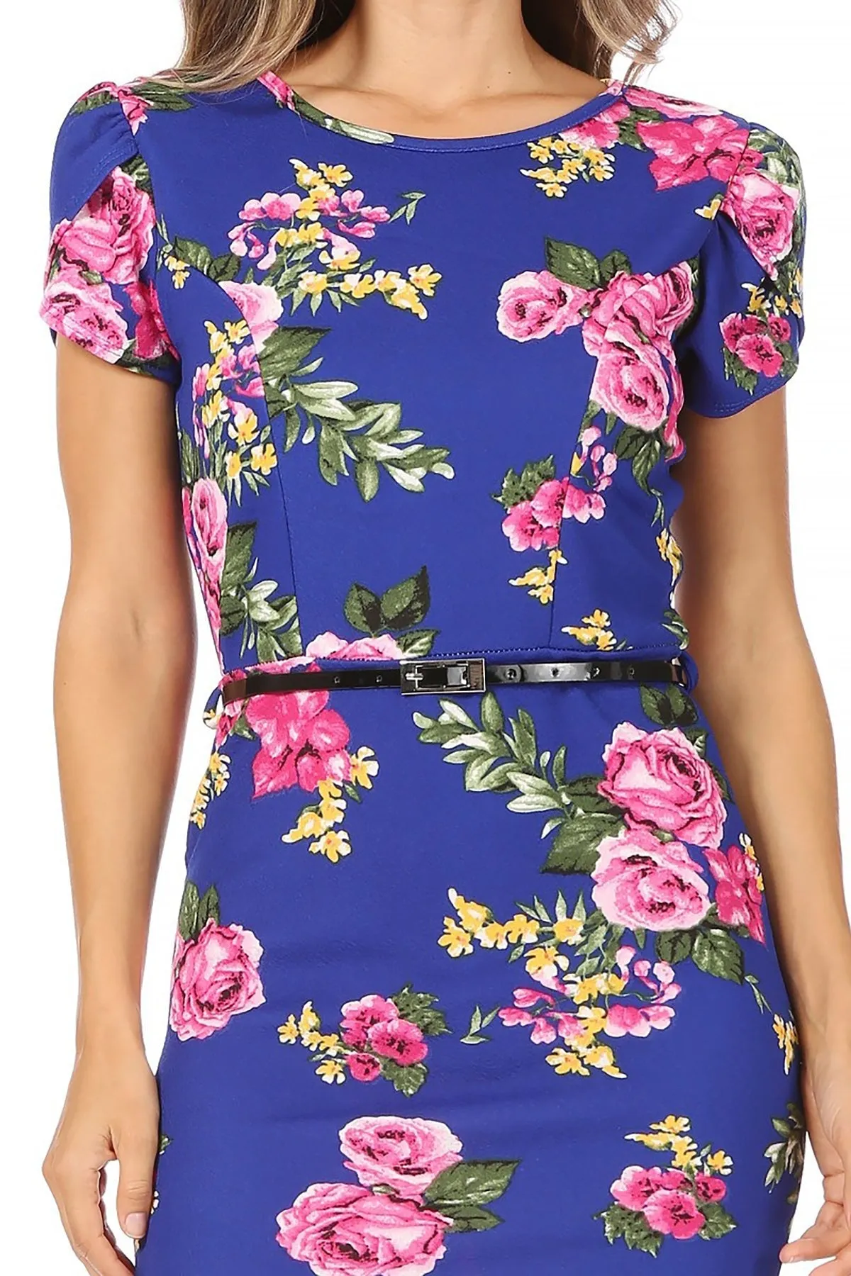 Women's Floral Puff Sleeves Midi Dress with Belt