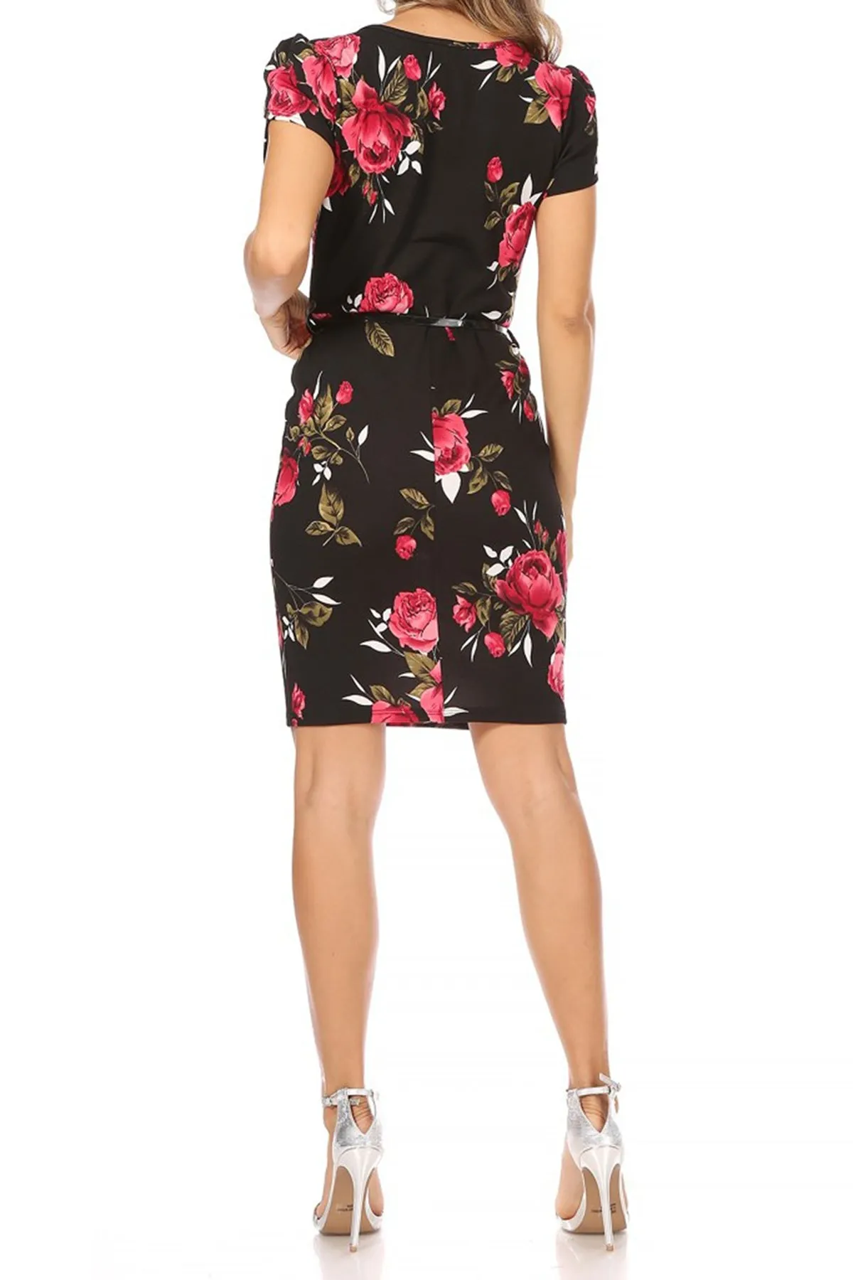 Women's Floral Puff Sleeves Midi Dress with Belt