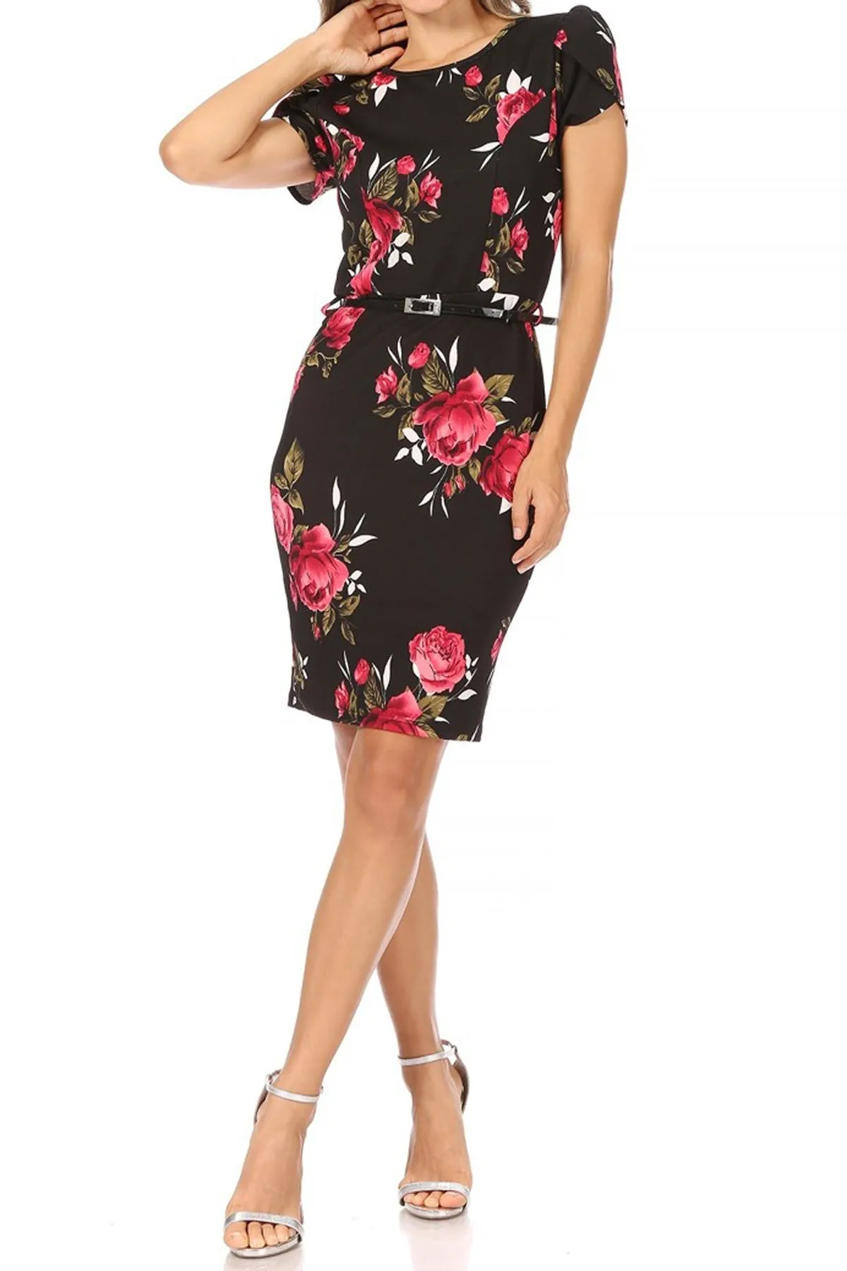 Women's Floral Puff Sleeves Midi Dress with Belt