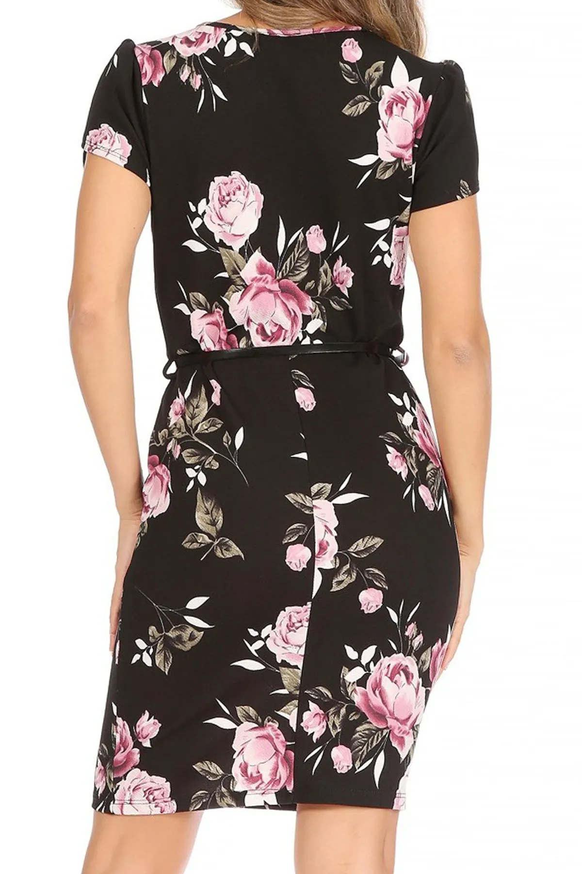 Women's Floral Puff Sleeves Midi Dress with Belt