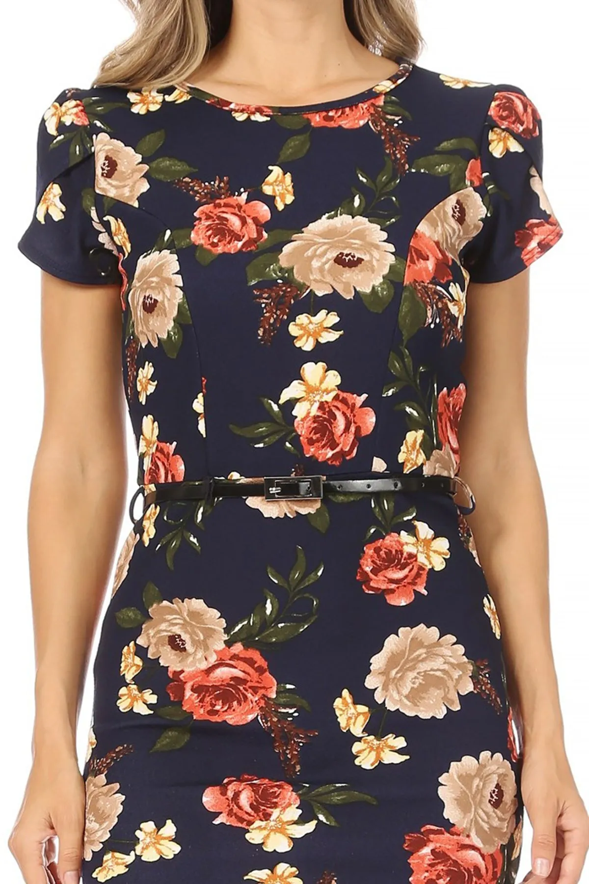 Women's Floral Puff Sleeves Midi Dress with Belt