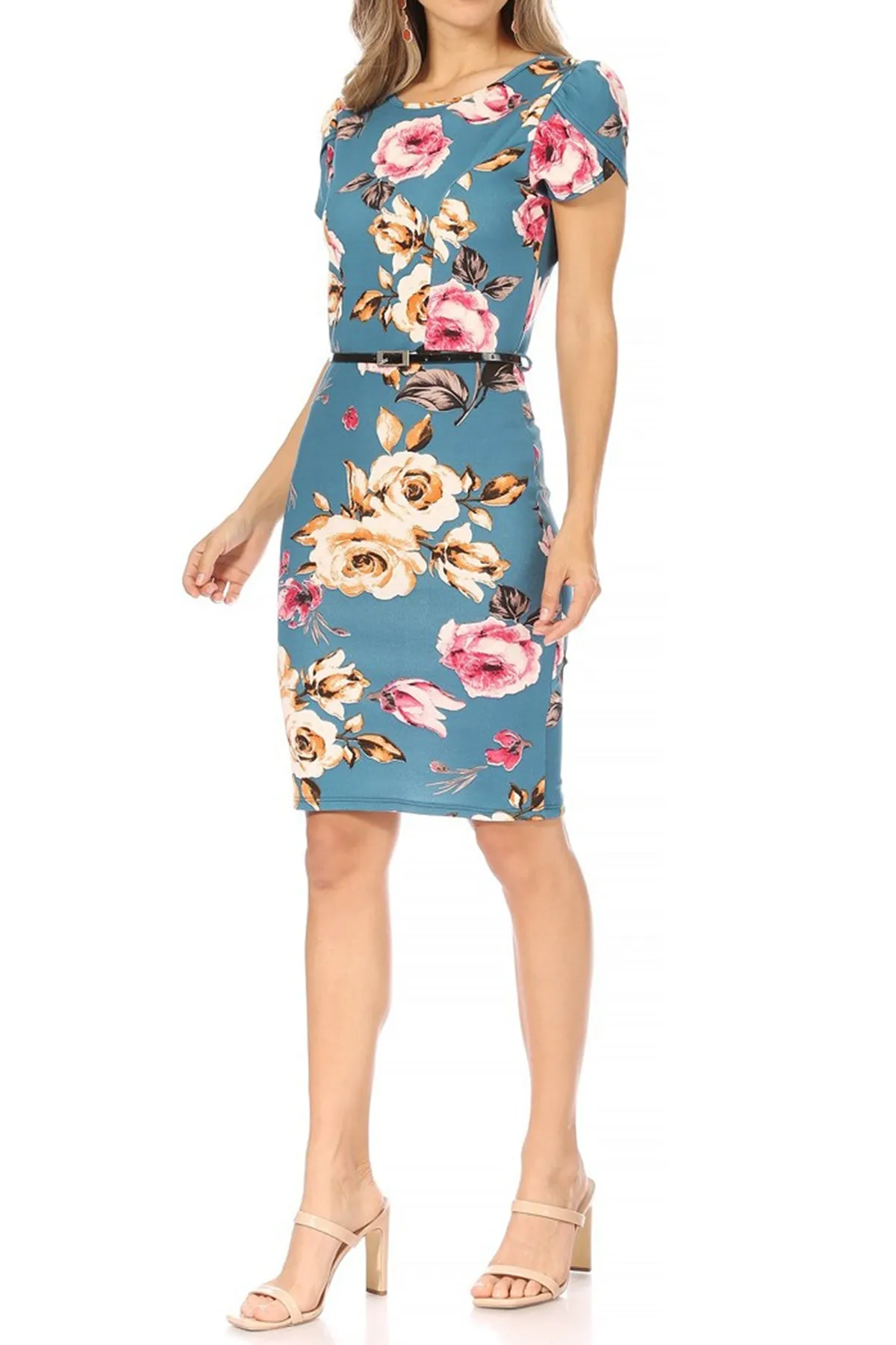 Women's Floral Puff Sleeves Midi Dress with Belt