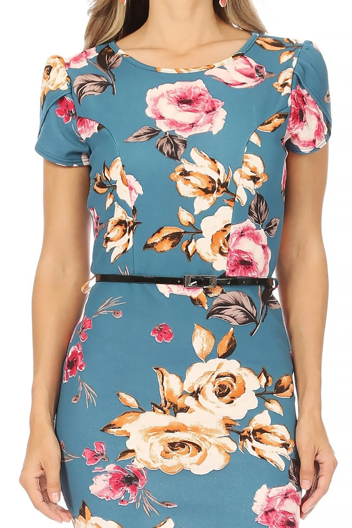 Women's Floral Puff Sleeves Midi Dress with Belt