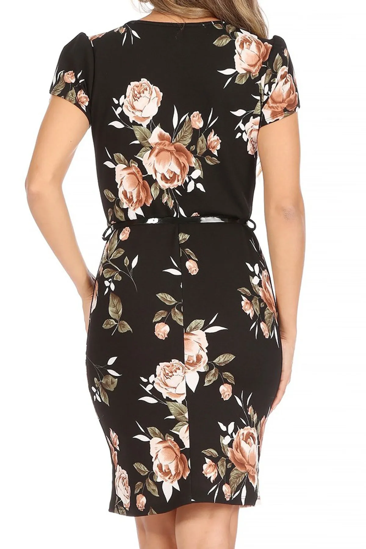 Women's Floral Puff Sleeves Midi Dress with Belt