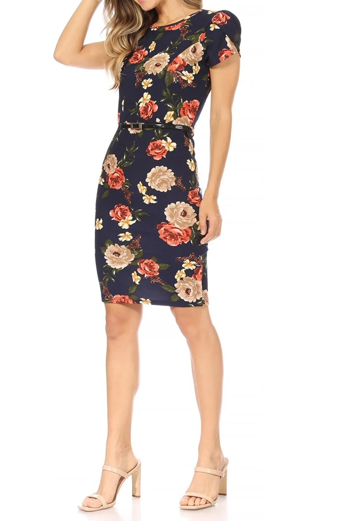 Women's Floral Puff Sleeves Midi Dress with Belt