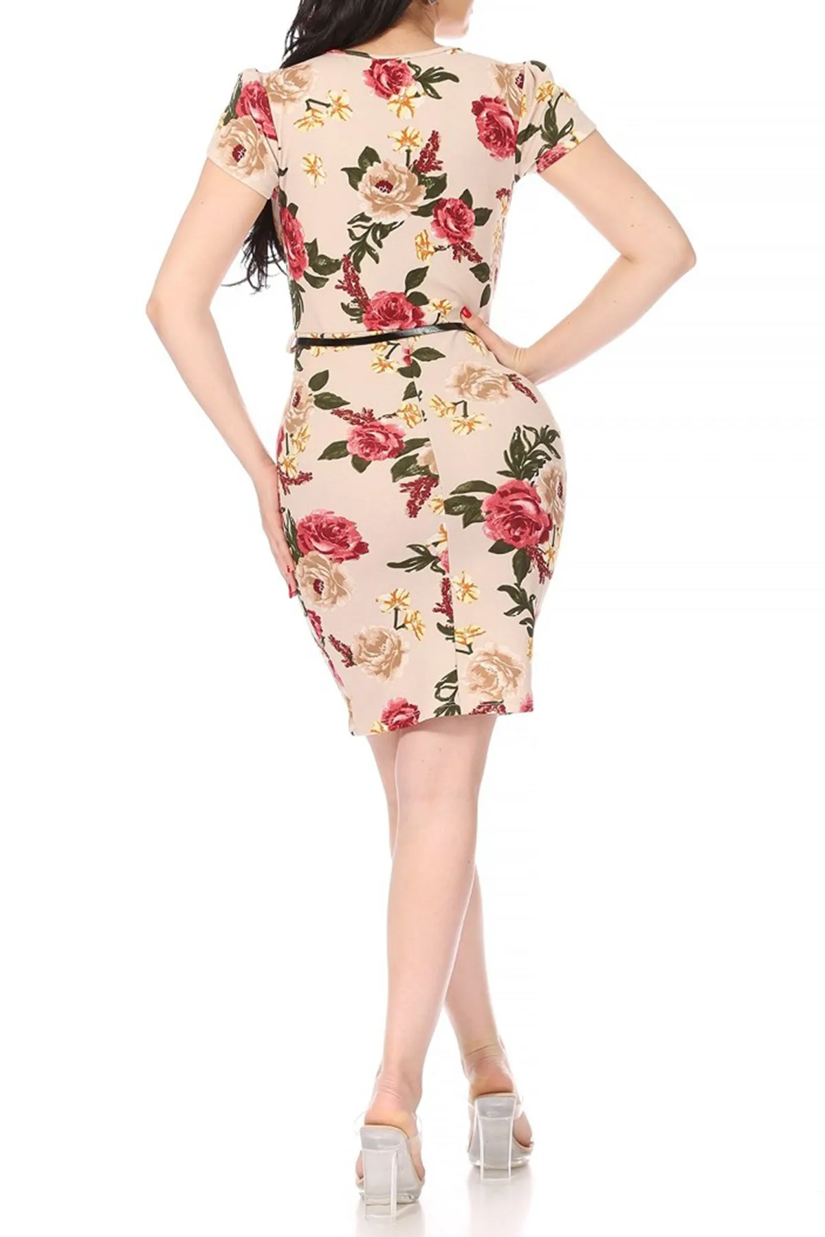 Women's Floral Puff Sleeves Midi Dress with Belt