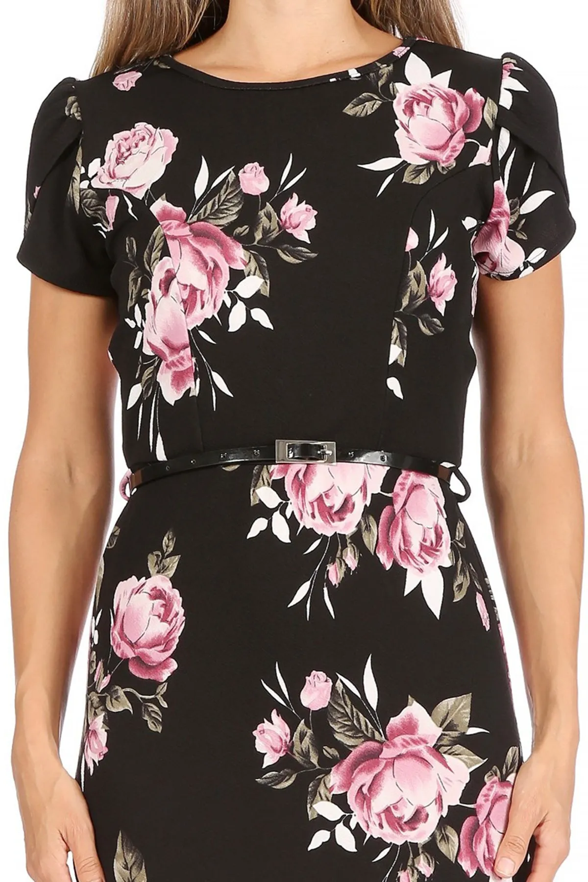 Women's Floral Puff Sleeves Midi Dress with Belt