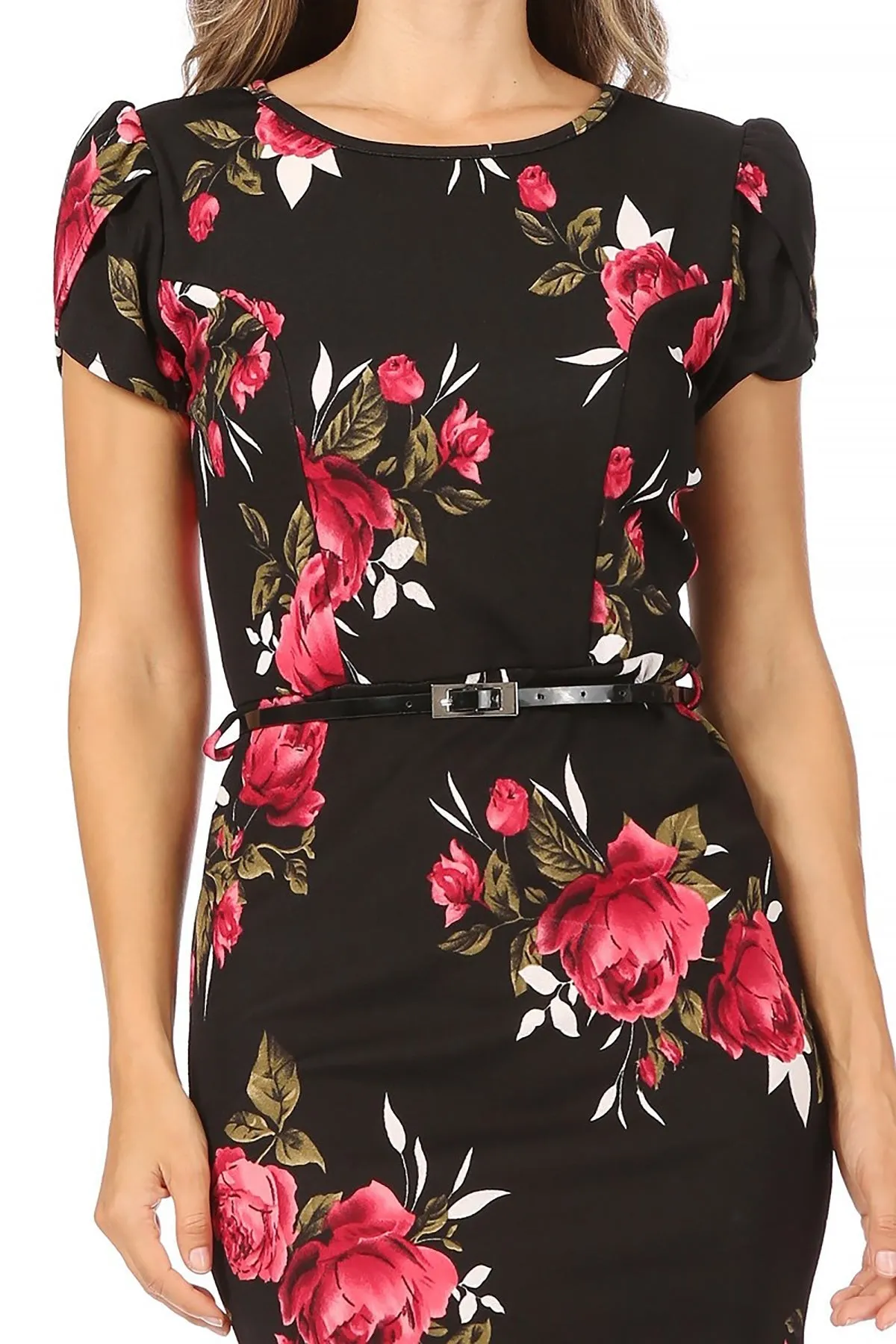 Women's Floral Puff Sleeves Midi Dress with Belt