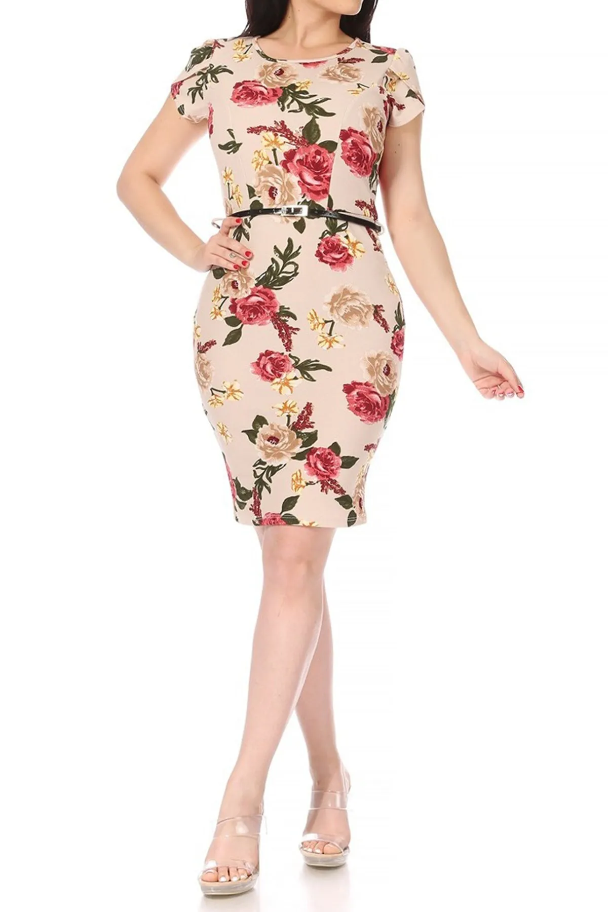 Women's Floral Puff Sleeves Midi Dress with Belt