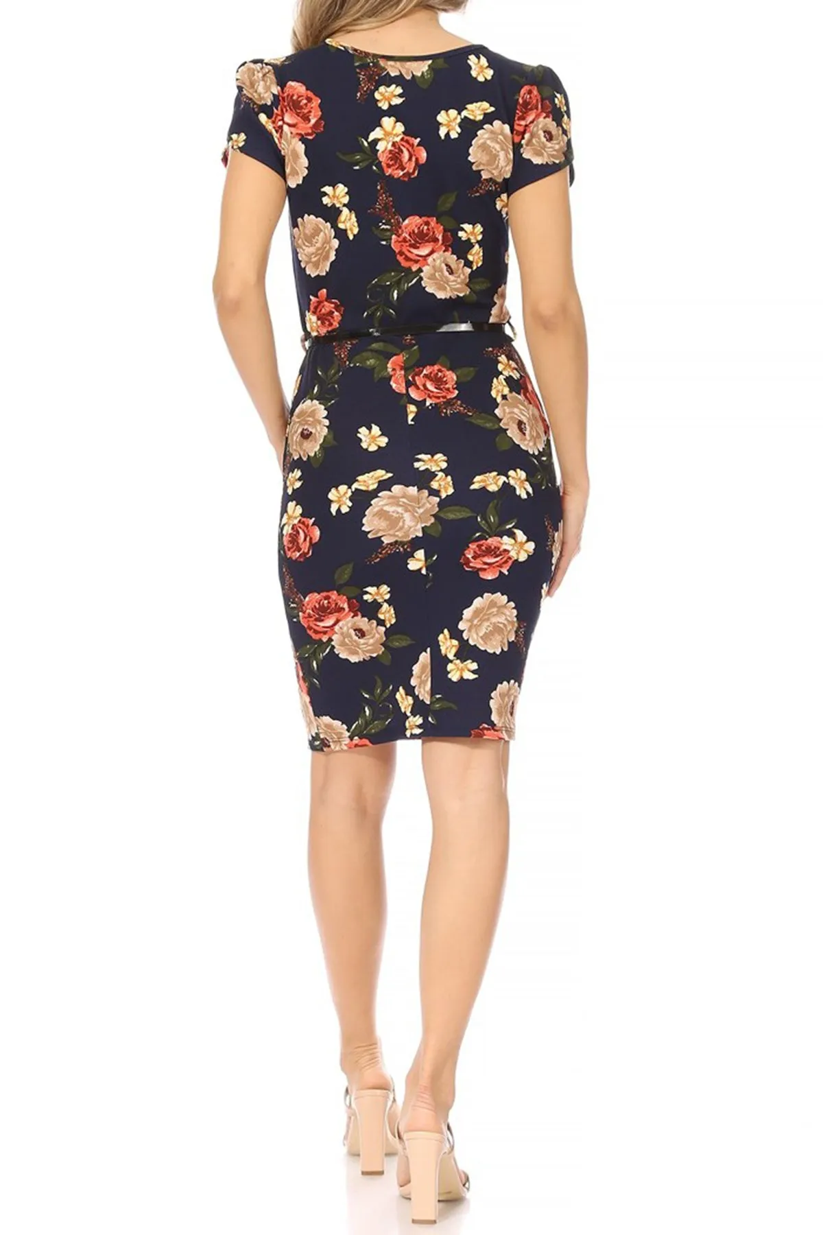 Women's Floral Puff Sleeves Midi Dress with Belt