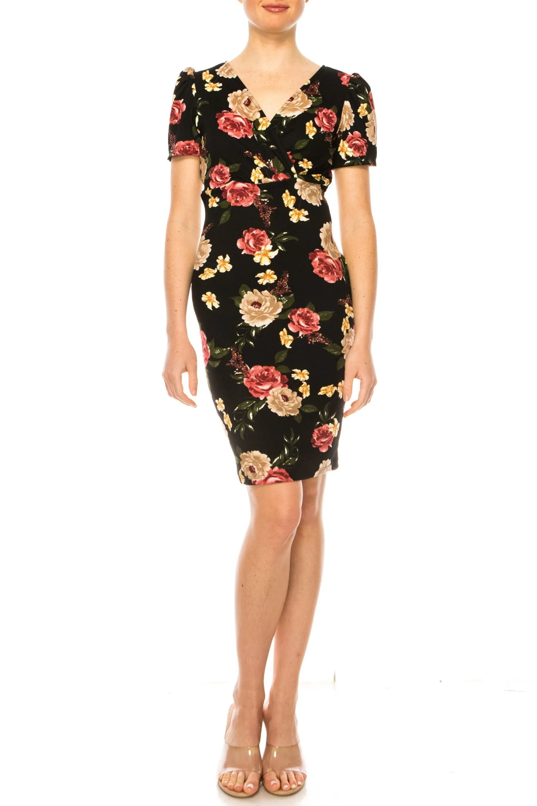 Women's Floral Sheath Dress with Deep V-Neckline and Puff Sleeves