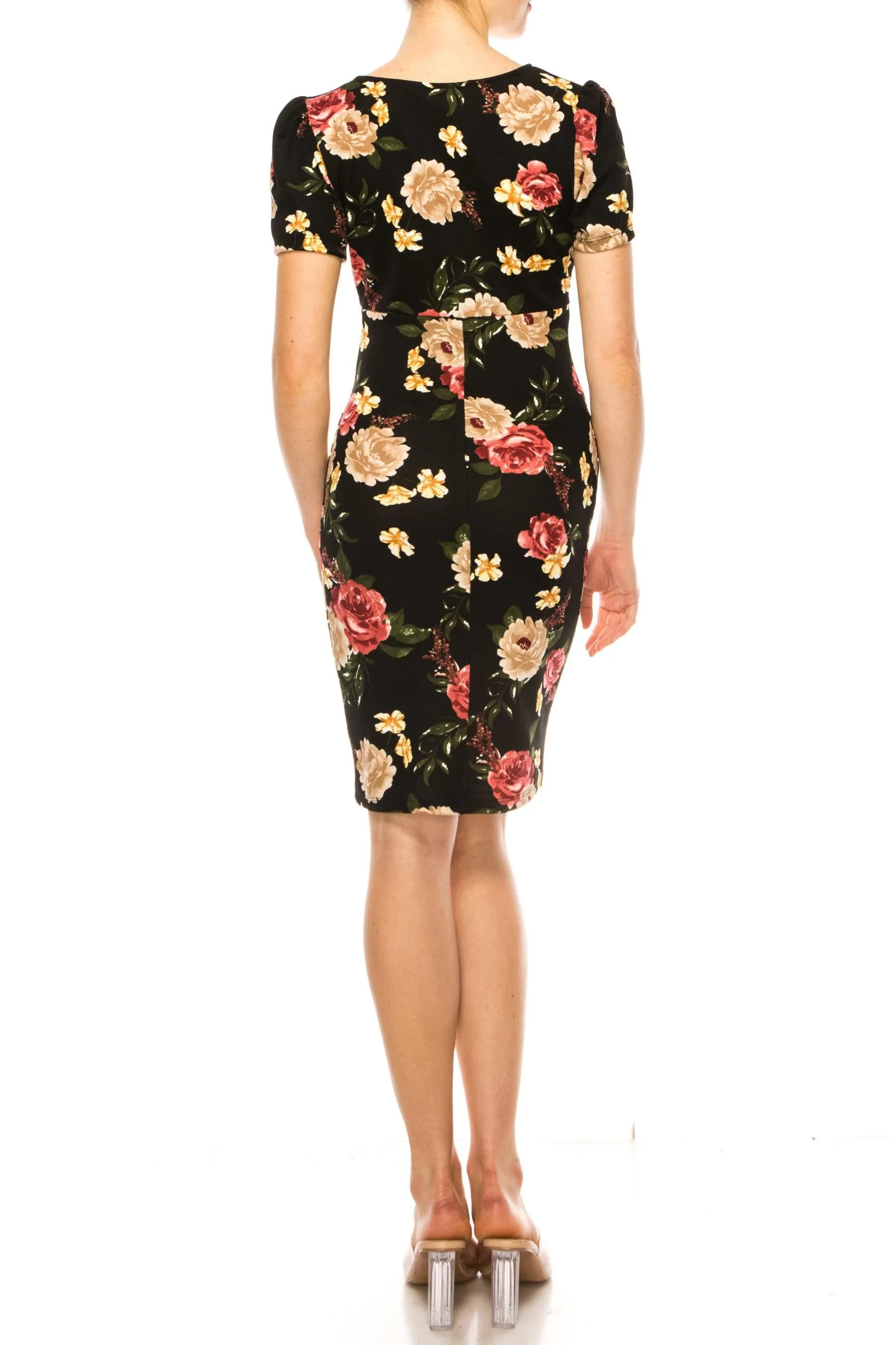 Women's Floral Sheath Dress with Deep V-Neckline and Puff Sleeves