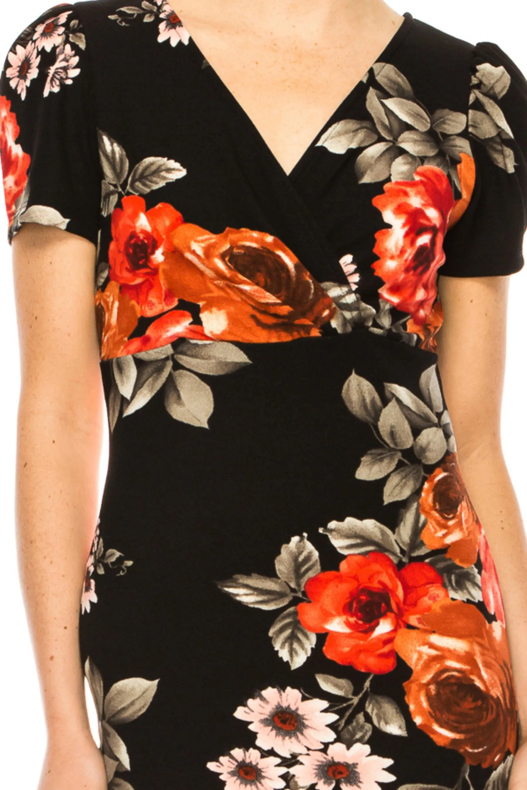 Women's Floral Sheath Dress with Deep V-Neckline and Puff Sleeves