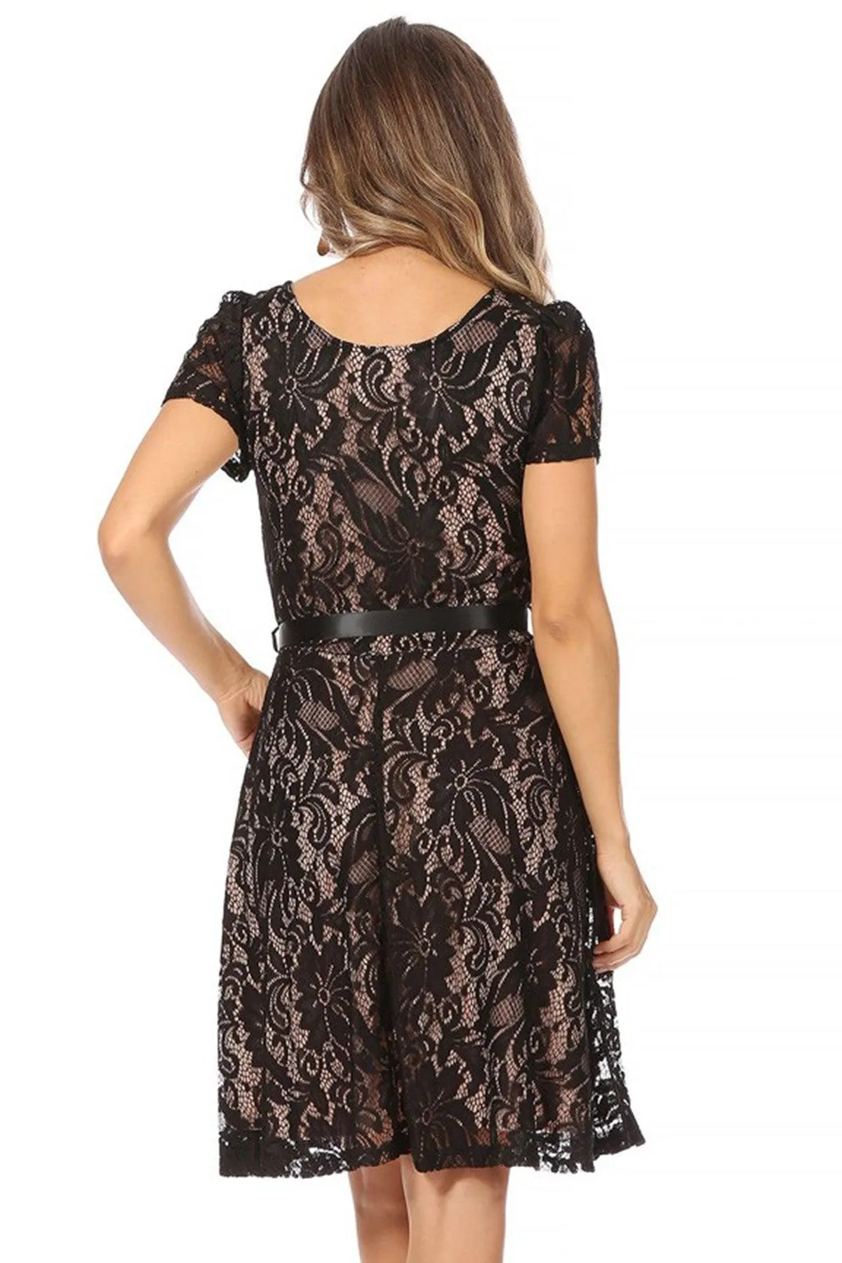 Women's Lace Short Sleeve A-Line Party Midi Dress