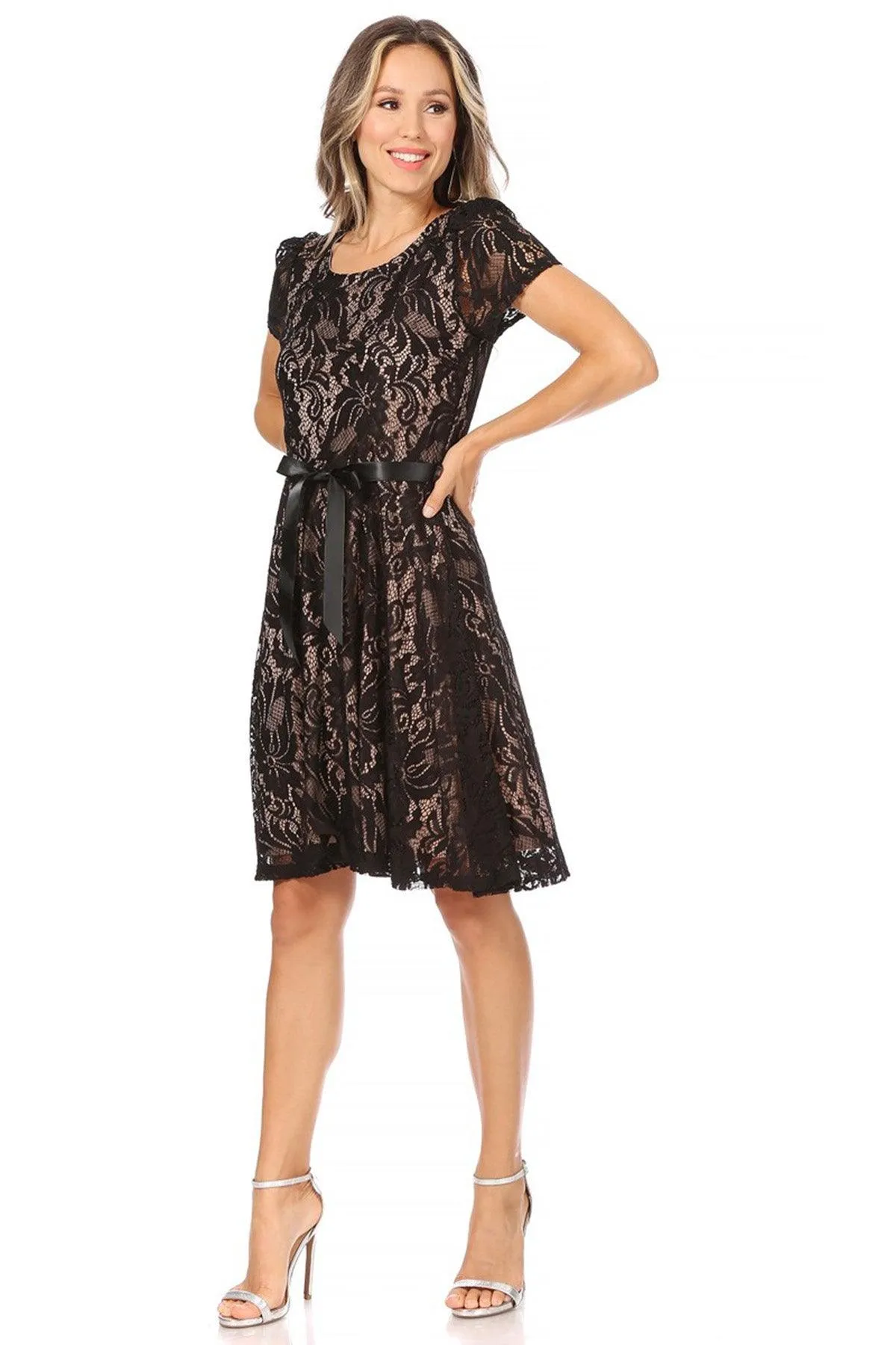 Women's Lace Short Sleeve A-Line Party Midi Dress