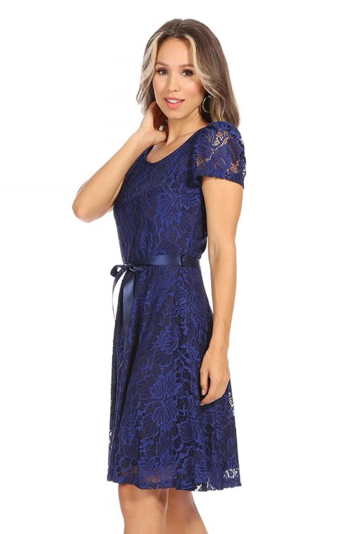 Women's Lace Short Sleeve A-Line Party Midi Dress