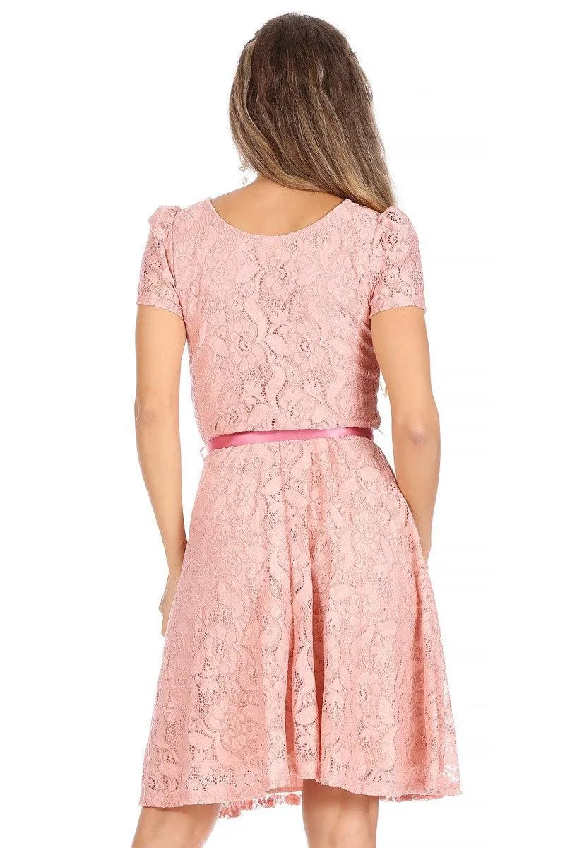 Women's Lace Short Sleeve A-Line Party Midi Dress