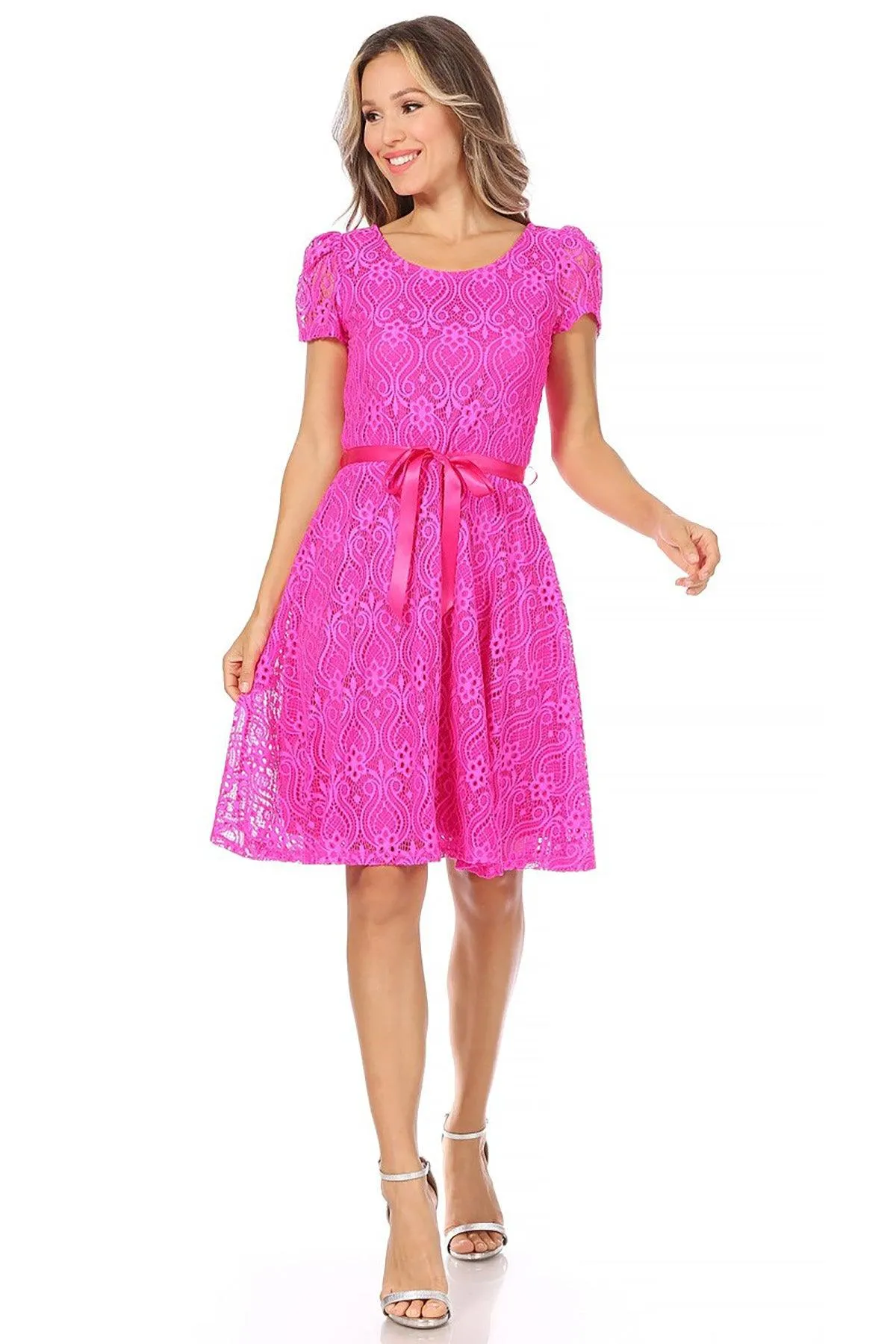 Women's Lace Short Sleeve A-Line Party Midi Dress