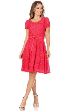 Women's Lace Short Sleeve A-Line Party Midi Dress