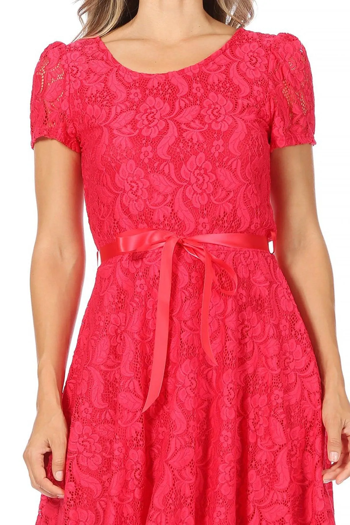 Women's Lace Short Sleeve A-Line Party Midi Dress