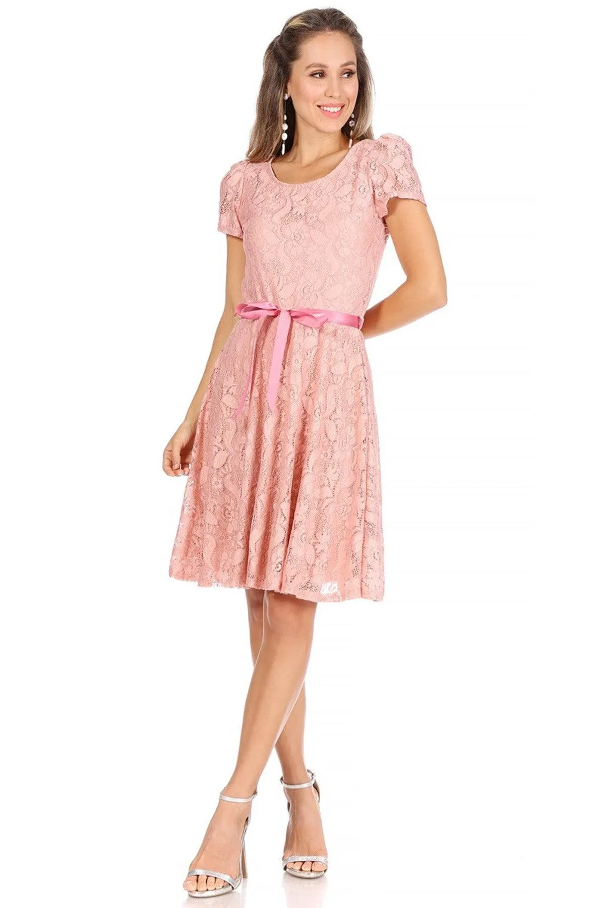 Women's Lace Short Sleeve A-Line Party Midi Dress